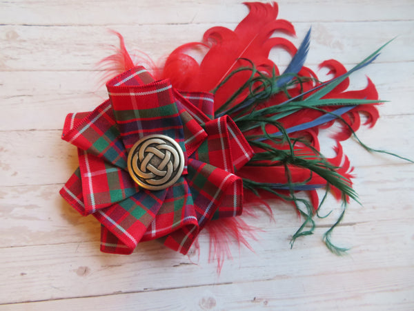 Red Fraser Tartan Feather Hat Clip
