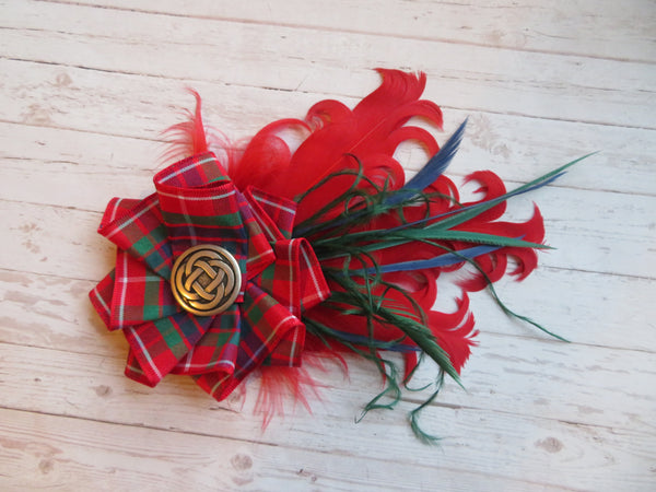 Red Fraser Tartan Feather Hat Clip