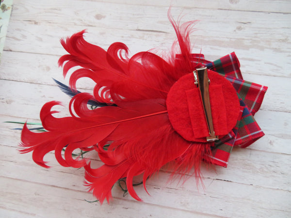 Red Fraser Tartan Feather Hat Clip