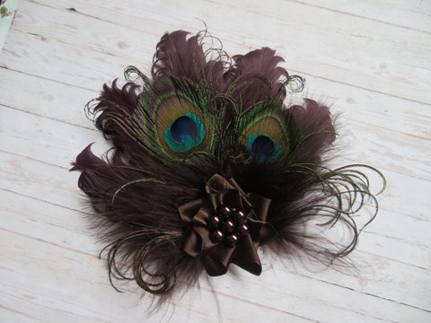 Aubergine and chocolate brown feather hair clip with curled goose feathers