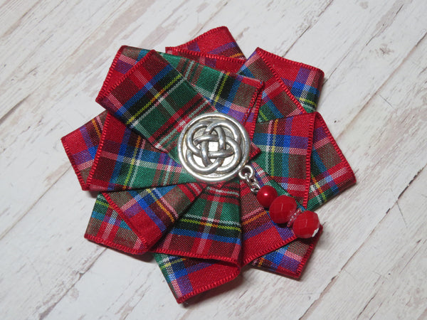Wide Tartan Ribbon Ruffle Brooch or Hair Clip