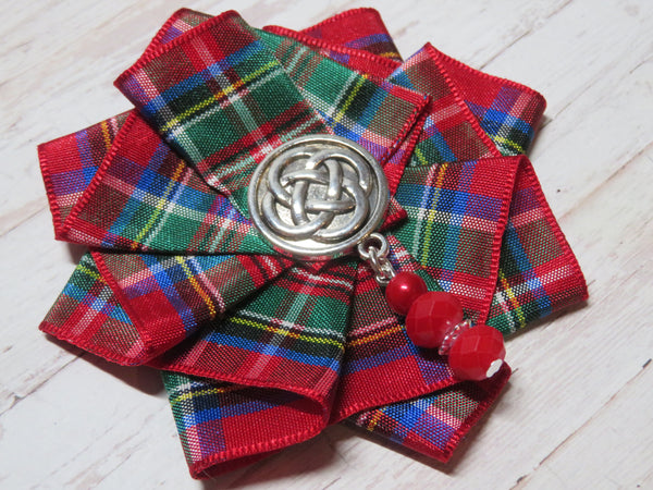 Wide Tartan Ribbon Ruffle Brooch or Hair Clip