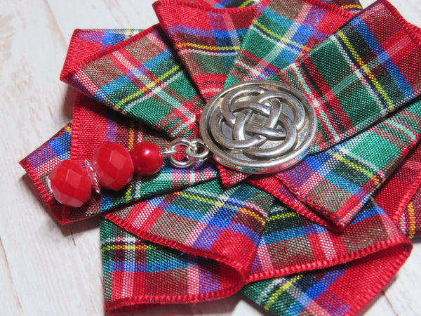 Wide Tartan Ribbon Ruffle Brooch or Hair Clip