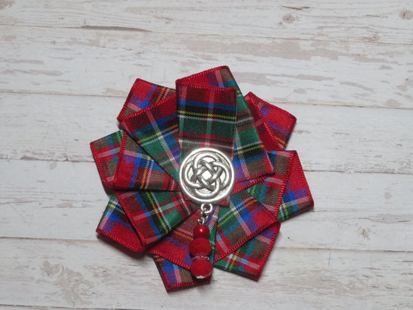 Wide Tartan Ribbon Ruffle Brooch or Hair Clip