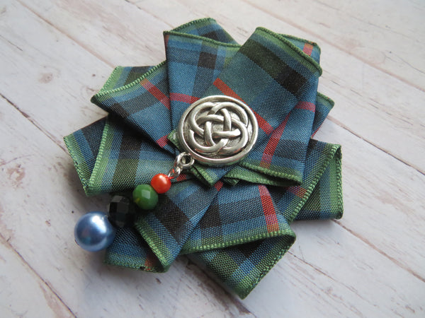 Wide Tartan Ribbon Ruffle Brooch or Hair Clip