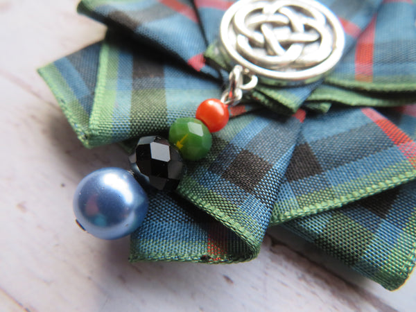 Wide Tartan Ribbon Ruffle Brooch or Hair Clip