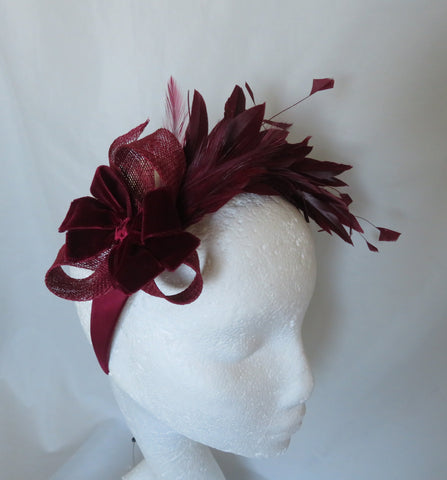 Bespoke Burgundy Feather and Velvet Bow Headband