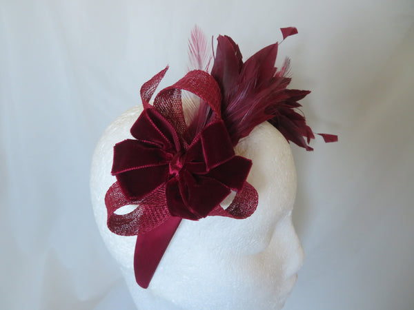 Bespoke Burgundy Feather and Velvet Bow Headband