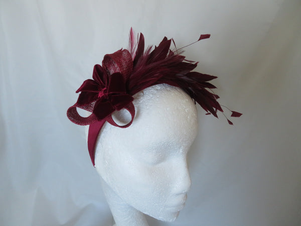 Bespoke Burgundy Feather and Velvet Bow Headband