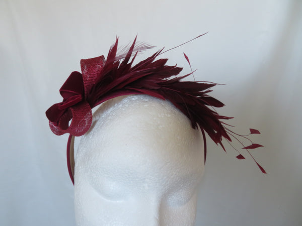 Bespoke Burgundy Feather and Velvet Bow Headband