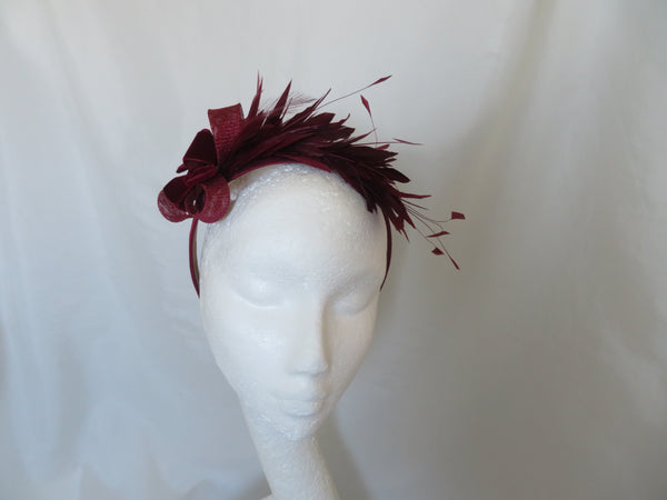 Bespoke Burgundy Feather and Velvet Bow Headband