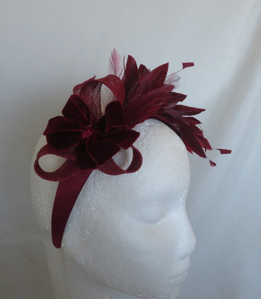 Bespoke Burgundy Feather and Velvet Bow Headband