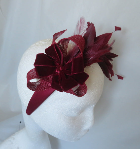 Bespoke Burgundy Feather and Velvet Bow Headband