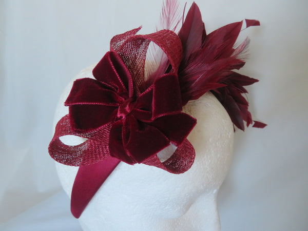 Bespoke Burgundy Feather and Velvet Bow Headband