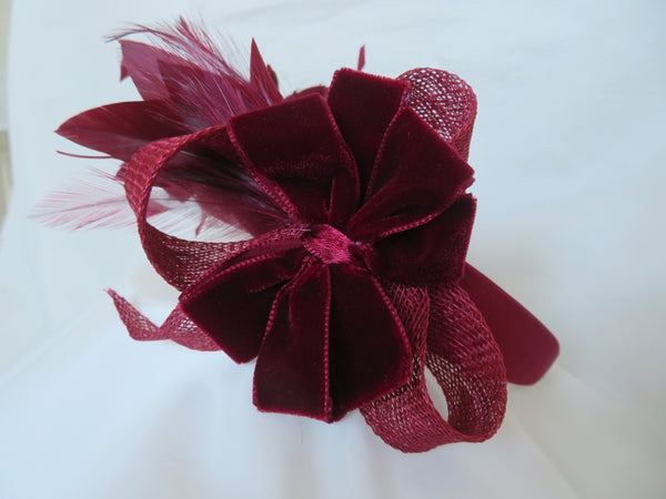 Bespoke Burgundy Feather and Velvet Bow Headband