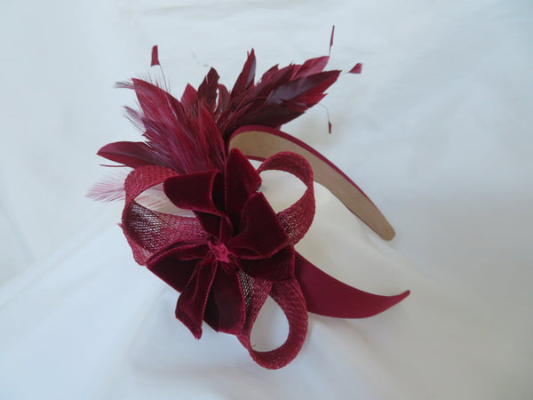 Bespoke Burgundy Feather and Velvet Bow Headband