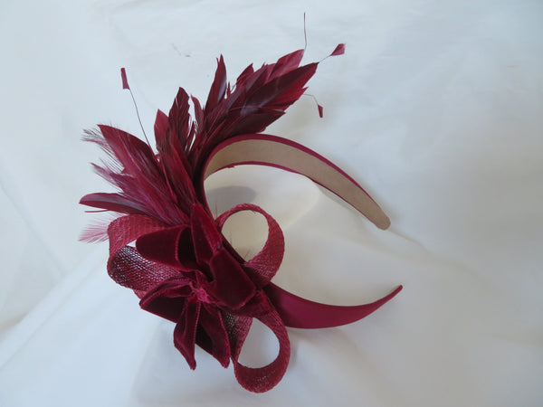 Bespoke Burgundy Feather and Velvet Bow Headband
