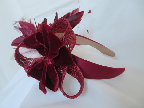 Bespoke Burgundy Feather and Velvet Bow Headband