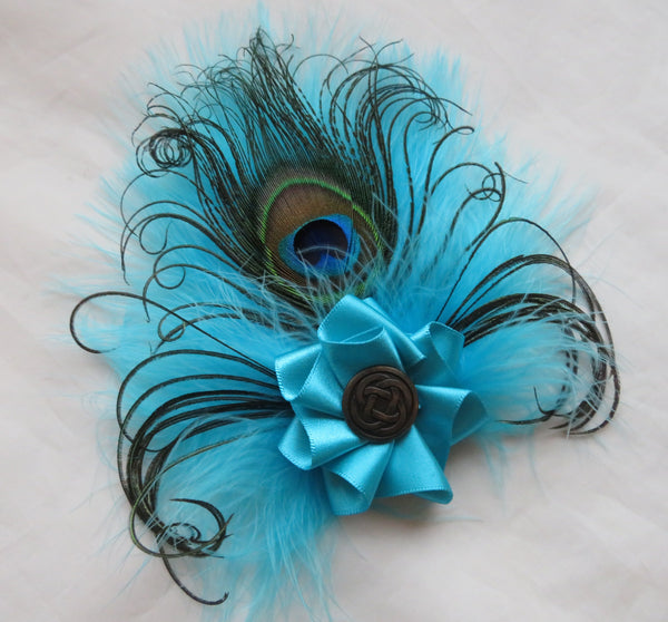 Turquoise Blue Feather Brooch Clip Celtic Peacock Feather Accessory