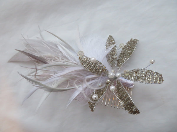 White & Silver Grey Beaded Flower Comb