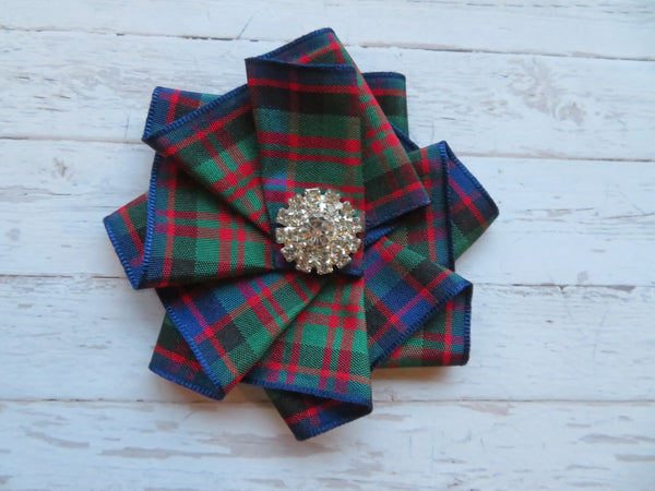 Wide Tartan Ribbon Ruffle Brooch or Hair Clip