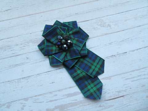 Black Watch Tartan Ruffle & Crystal Brooch