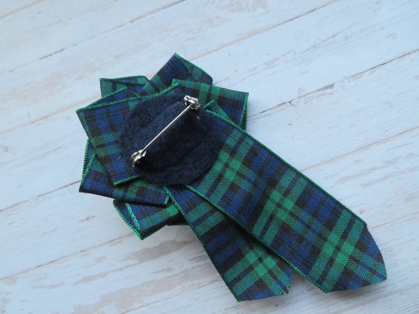 Black Watch Tartan Ruffle & Diamante Brooch