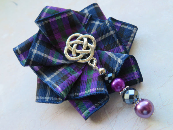 Purple Tartan Beaded Ruffle Brooch