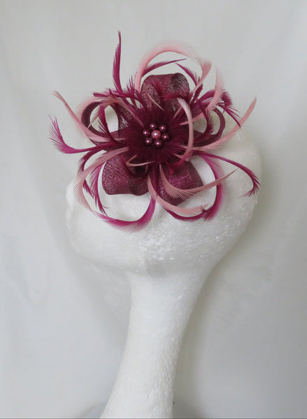 burgundy and pale pink feather looped fascinator