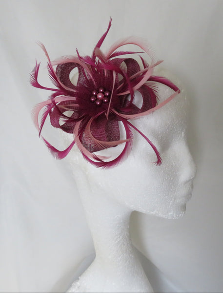 burgundy and pale pink feather looped fascinator