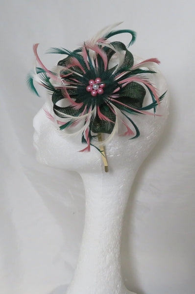 Dark Green and Cream and Dusky Pink Mini Lily Fascinator