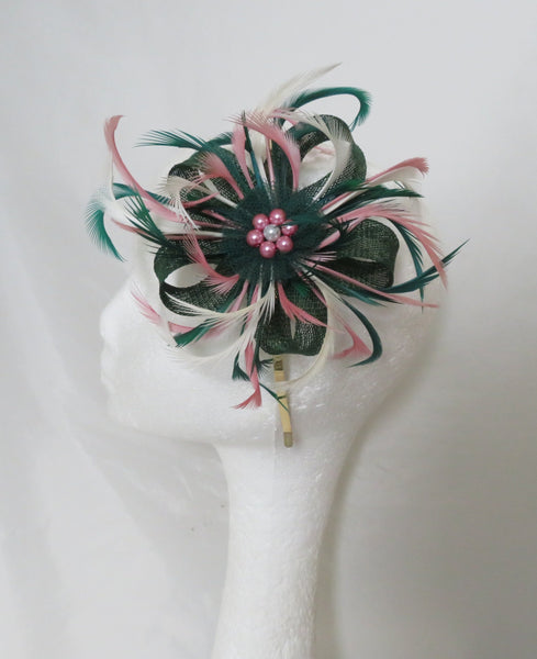 Dark Green and Cream and Dusky Pink Mini Lily Fascinator