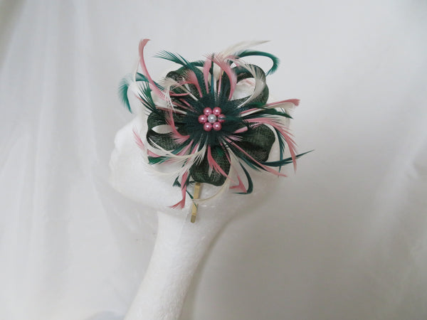 Dark Green and Cream and Dusky Pink Mini Lily Fascinator