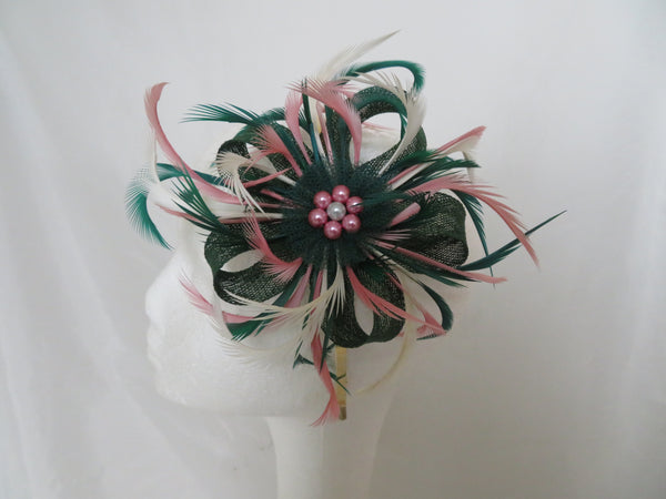 Dark Green and Cream and Dusky Pink Mini Lily Fascinator