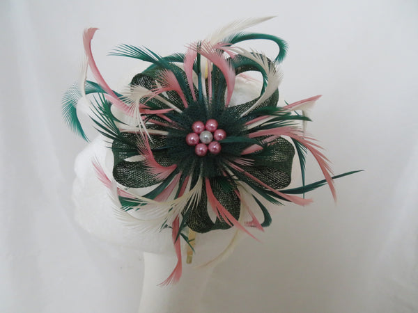 Dark Green and Cream and Dusky Pink Mini Lily Fascinator