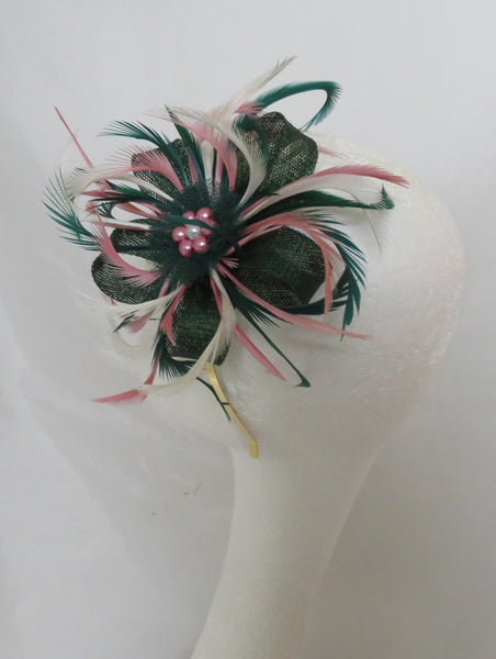 Dark Green and Cream and Dusky Pink Mini Lily Fascinator