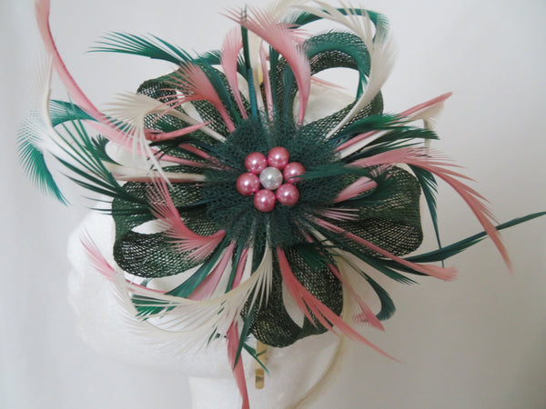Dark Green and Cream and Dusky Pink Mini Lily Fascinator