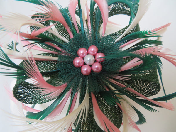 Dark Green and Cream and Dusky Pink Mini Lily Fascinator