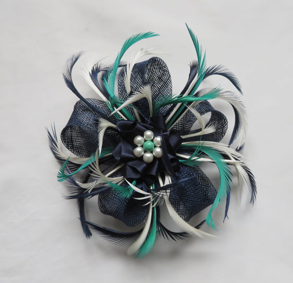Navy Ivory and Jae Green Mini Lily Fascinator