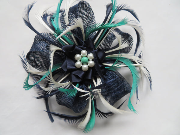 Navy Ivory and Jae Green Mini Lily Fascinator