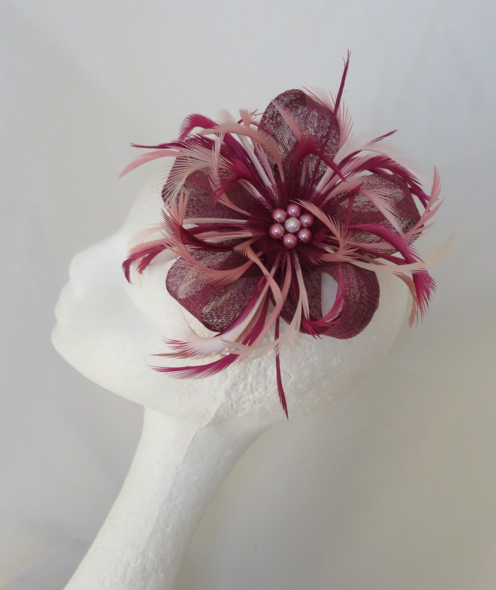 Sugar Plum and Dusky Pink Feather and Sinamay Mini Lily Fascinator ...