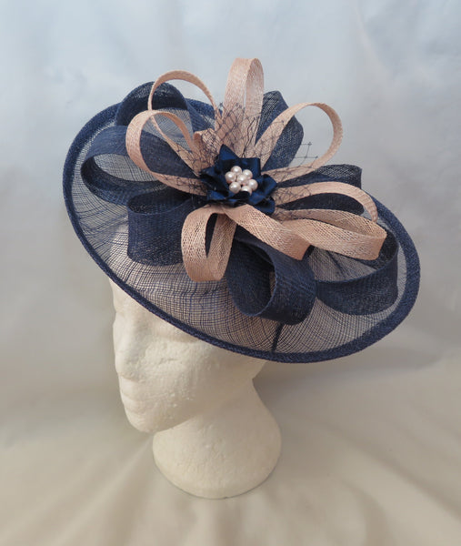 navy and pale pink garden party hat by indigo daisy designs