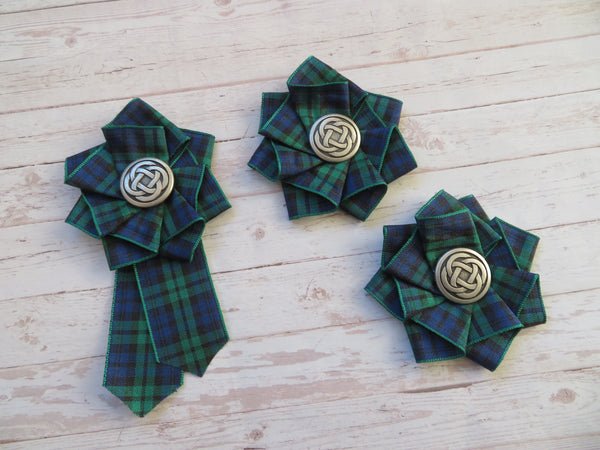 Black and Dark Green Tartan Celtic Brooch and Shoe Clip Set