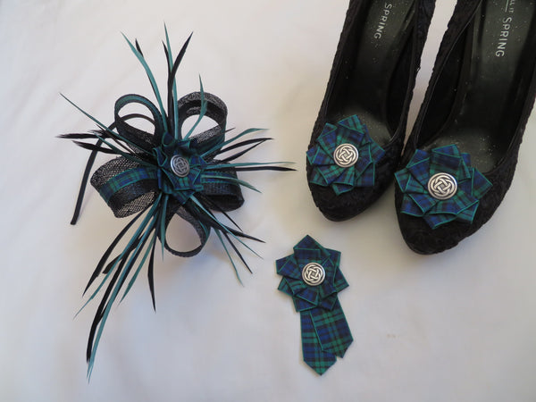 Black and Dark Green Tartan Celtic Lily Fascinator Brooch and Shoe Clip Set