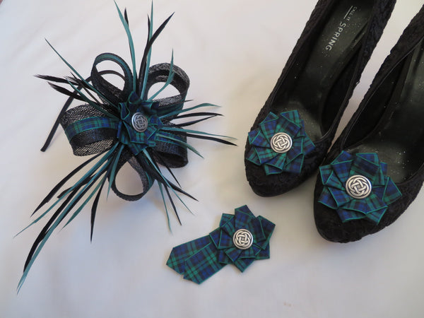 Black and Dark Green Tartan Celtic Lily Fascinator Brooch and Shoe Clip Set