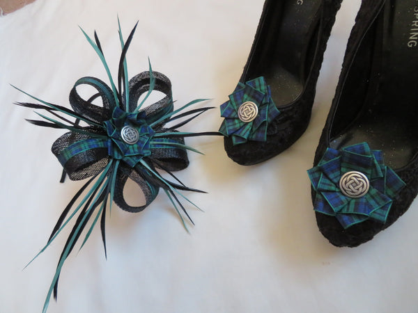 Black and Dark Green Tartan Celtic Lily Fascinator Brooch and Shoe Clip Set