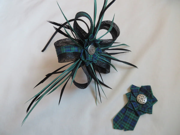 Black and Dark Green Tartan Celtic Lily Fascinator Brooch and Shoe Clip Set