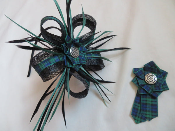 Black and Dark Green Tartan Celtic Lily Fascinator Brooch and Shoe Clip Set