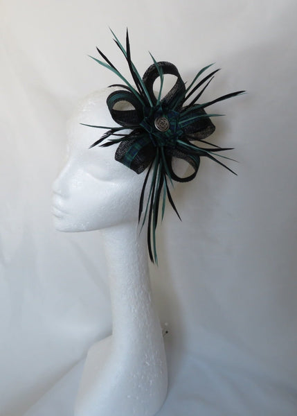 Black and Dark Green Tartan Celtic Lily Fascinator Brooch and Shoe Clip Set