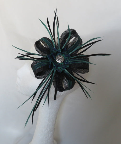Black and Dark Green Tartan Celtic Lily Fascinator Brooch and Shoe Clip Set